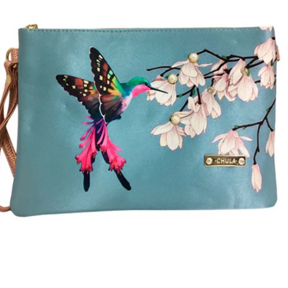 Chula Tulum Hummingbird Floral Blue Wristlet Clutch Pouch NWT - Picture 2 of 7